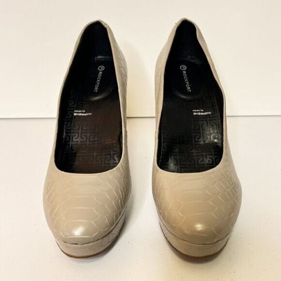 Rockport Adiprene Taupe Leather Croc Embossed Platform Pumps - Picture 3 of 9